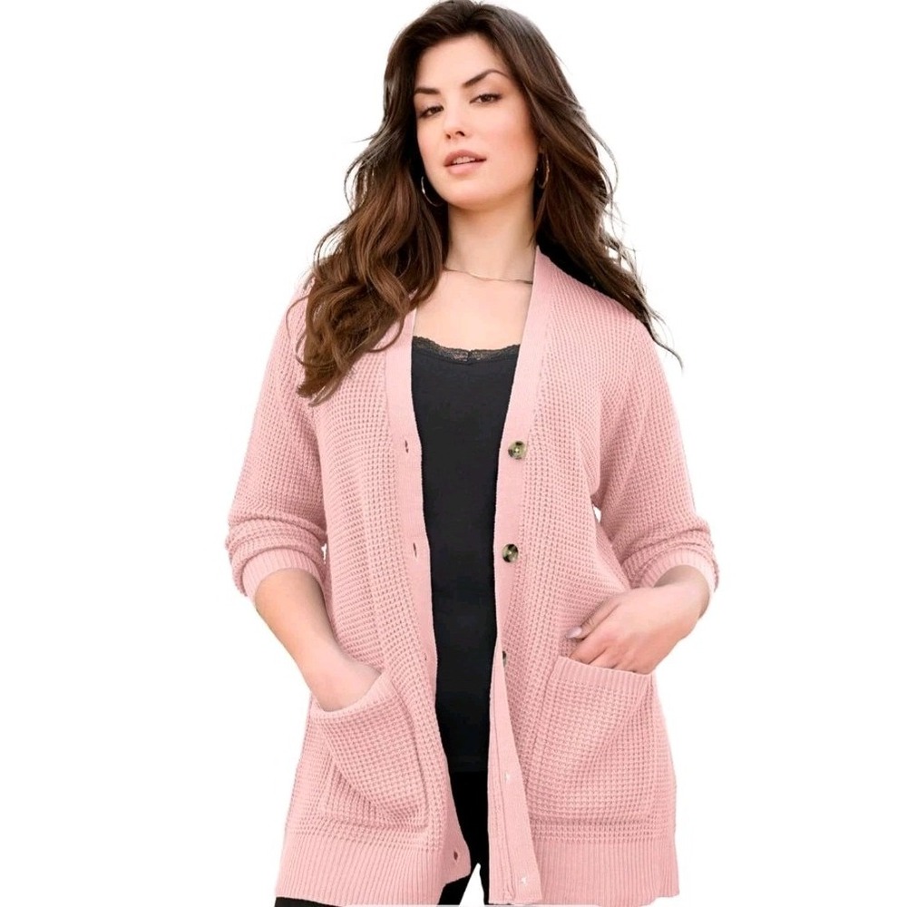 Roaman's Women's Plus Size Waffle Button Front Cardigan XL